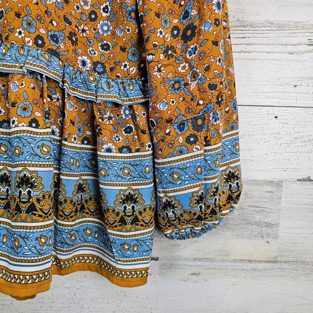 Current Air Boho Folk Floral Ruffle Neck Peasant Blouse Medium Tiered Hem - Picture 12 of 15